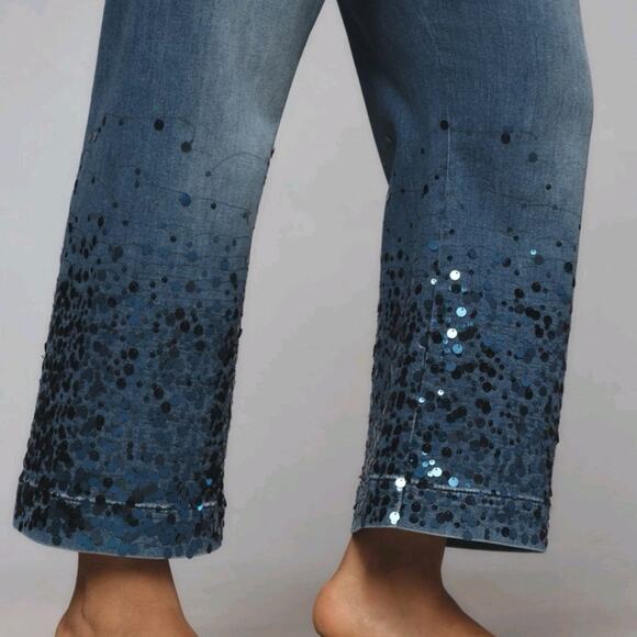 Anthropologie Colette Cropped High-Rise Wide-Leg Jeans: Sequin Sparkle, 23 TALL - Picture 4 of 11